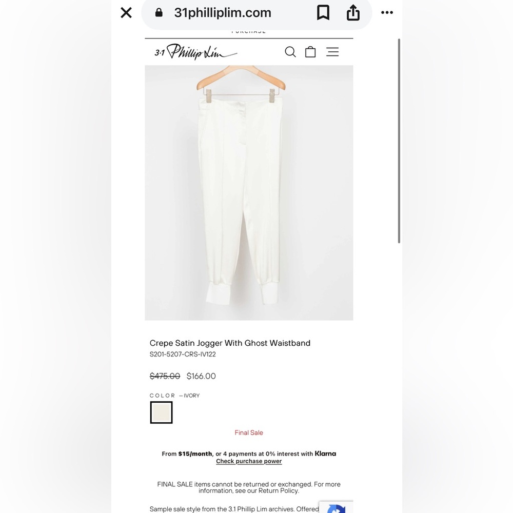 3.1 Phillip Lim Crepe Satin Jogger With Ghost Waistband Ivory size 0 - Picture 13 of 15